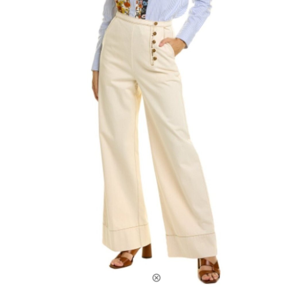 Tory Burch Twill Button Front Trouser Rinse Cream Wide Leg Pants 63736 Size 12
